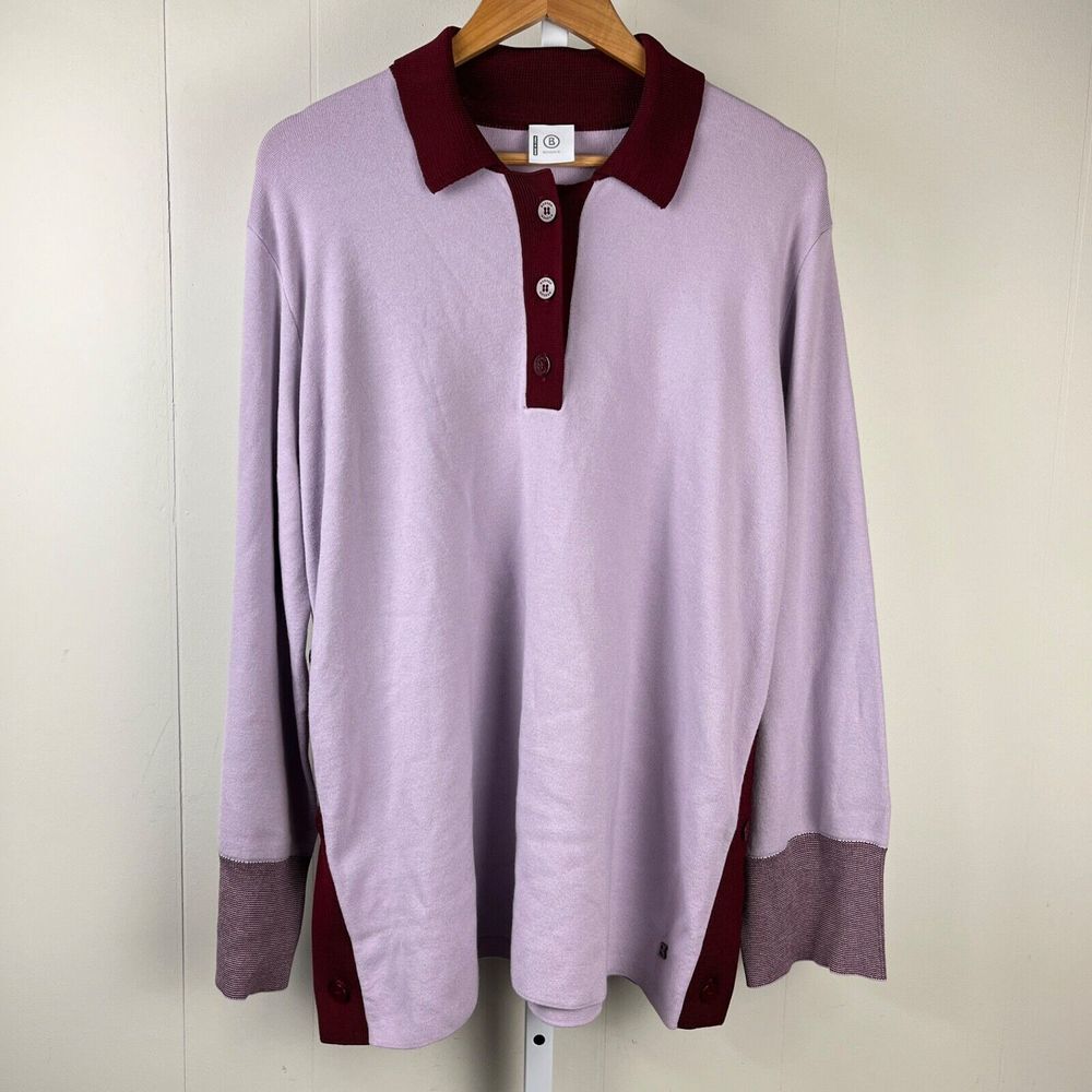 Bogner Sweater Womens Size 14‎ Lavender Maroon Color Block Side Buttons Collared